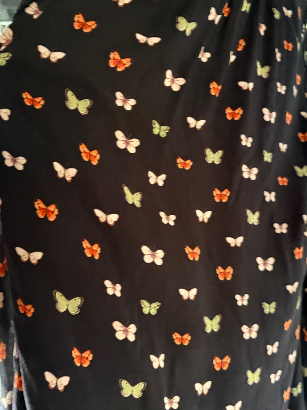 Butterfly Print Puff Sleeve Blouse - Black with Green, Red & White Butterflies - Picture 4 of 6